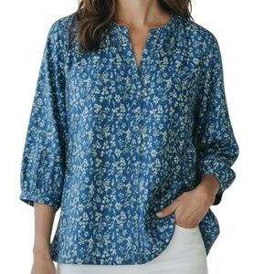 NWT JACHS GIRLFRIEND Blue Floral 3/4 Sleeve Split-Neck Button Top Size Large
